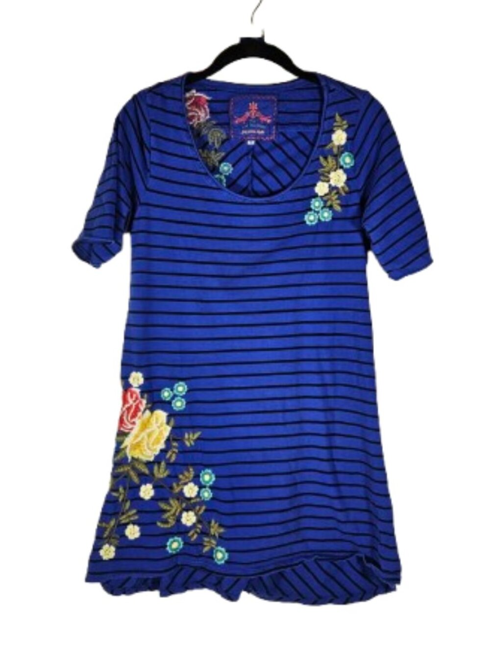 JWLA Johnny Was Blue Black Stripe Floral Embroidered Tunic Top Women's Size M